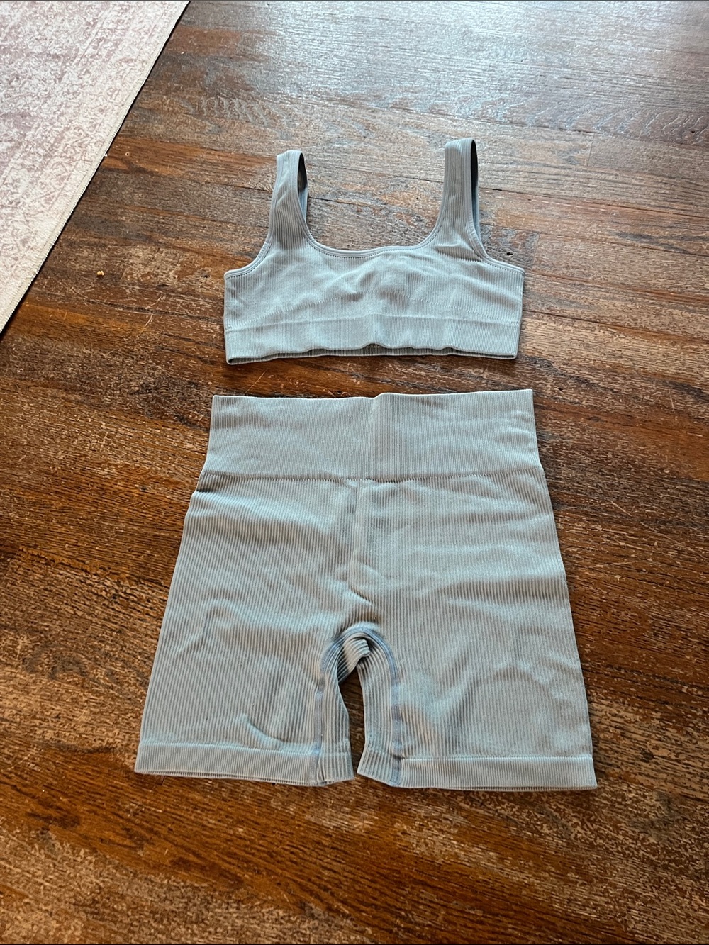 Seamless Ribbed Scoop Sports Bra & High-Waist Shorts Set - Light Blue